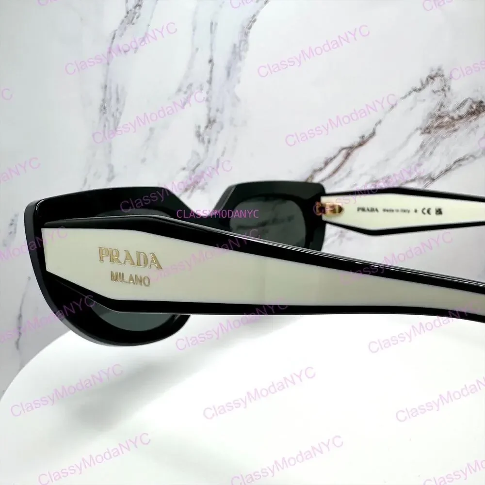 New PRADA Sunglasses Black White Talc Gold Symbole Oval Cat Eye Womens